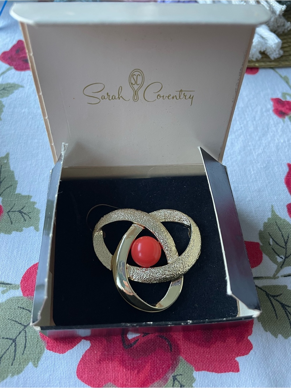 Sarah Coventry Orbit Brooch with Coral Red Cabochon